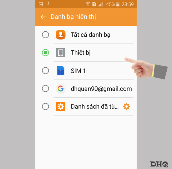 Chọn nơi mà bạn muốn hiển thị dạnh bạ